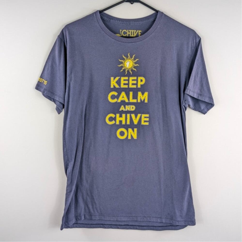 Chive Tees Large Graphic T-Shirt Keep Calm And Chive On Made USA Blue Streetwear